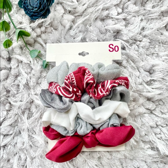 New w/tags pack of 6 hair scrunchies Red, grey, white,red satin, glittery silver - Picture 1 of 3